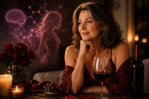 Mulher madura em ambiente intimista e iluminado por velas, com taça de vinho tinto, rosas e uvas sobre a mesa, enquanto elementos visuais de cérebro e estruturas moleculares ao fundo simbolizam a conexão entre vinho, desejo, bem-estar e aspectos científicos da libido feminina