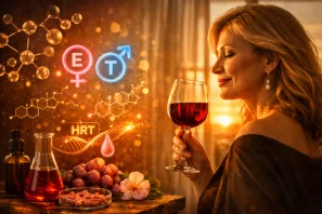 Mulher madura segurando uma taça de vinho tinto diante do pôr do sol, com símbolos luminosos de hormônios e frascos de laboratório ao lado, representando a relação entre vinho, libido feminina e equilíbrio hormonal após os 50