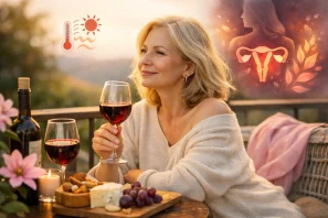 Mulher de meia-idade, serena, segurando uma taça de vinho tinto em um terraço ao pôr do sol, com elementos simbólicos de saúde feminina e menopausa ao fundo, incluindo silhueta feminina e ícones de calor, cercada por queijos, uvas e flores sobre a mesa