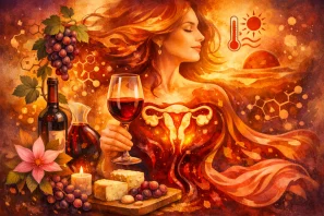 Ilustração simbólica de uma mulher em perfil, com o corpo fundido ao vinho e um útero luminoso no centro, cercada por tons quentes de vermelho, dourado e laranja, uvas, garrafa de vinho e elementos que representam o metabolismo e a menopausa.