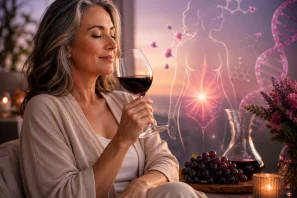 Ambiente acolhedor e elegante com taça de vinho tinto sobre mesa de madeira, cercada por luz suave, elementos naturais e atmosfera tranquila, simbolizando bem-estar, maturidade feminina e equilíbrio emocional durante a menopausa. Vinho e Menopausa: Ciência, Emoção e Metabolismo Feminino