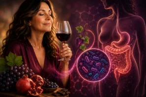 Mulher madura apreciando uma taça de vinho tinto ao lado de uvas, frutas vermelhas e chocolate amargo, enquanto ilustrações científicas do sistema digestivo e da microbiota intestinal aparecem ao fundo, simbolizando a relação entre polifenóis do vinho, saúde intestinal e equilíbrio do organismo. Vinho e Microbiota Intestinal: Como Polifenóis Podem Transformar o Ecossistema Digestivo