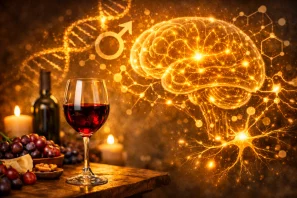 Taça de vinho tinto diante de uma ilustração luminosa de cérebro com conexões neuronais, simbolizando neuroproteção, memória e envelhecimento cerebral equilibrado. Vinho e Neuroproteção: Evidências Científicas Sobre Memória e Envelhecimento Cerebral