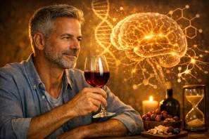 Taça de vinho tinto sobre mesa de madeira em vinhedo ao pôr do sol, com silhueta masculina ao fundo, simbolizando neuroproteção, memória e envelhecimento cerebral equilibrado.