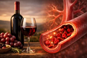 Composição visual mostrando uma garrafa e taça de vinho tinto ao lado de uvas e azeitonas sobre uma mesa rústica, com fundo desfocado de paisagem ao ar livre. À direita, uma ilustração médica detalhada de um vaso sanguíneo com células vermelhas e partículas luminosas, simbolizando a relação entre o consumo moderado de vinho e a saúde cardiovascular. Vinho e Saúde Endotelial: A Ciência do Funcionamento dos Vasos Sanguíneos