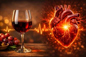 Taça de vinho tinto ao lado de cachos de uvas e coração anatômico iluminado, conectado por linha de eletrocardiograma, simbolizando a relação entre vinho e saúde cardiovascular.