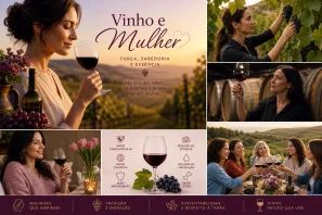Colagem elegante sobre vinho e mulher mostrando diferentes cenas: mulher apreciando vinho ao pôr do sol em vinhedo, colheita de uvas, degustação em adega, momentos de autocuidado e celebração entre amigas, além de elementos que destacam benefícios à saúde e a conexão feminina com o universo do vinho. Vinho e Mulher: Uma Celebração da Força, da Saúde e da Alma Feminina no Dia das Mães