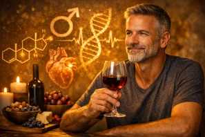 Homem maduro com taça de vinho tinto ao lado de símbolos de testosterona e DNA iluminados, representando ciência, hormônios e equilíbrio masculino na andropausa