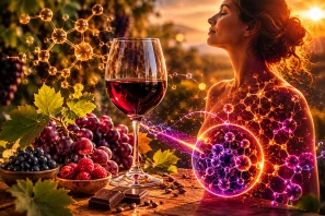 Taça de vinho tinto sobre mesa de madeira cercada por uvas, framboesas, mirtilos, chocolate e folhas de videira, com pessoa ao fundo iluminada pela luz do pôr do sol e estruturas moleculares brilhantes simbolizando antioxidantes e ciência natural.