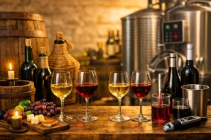 mesa de degustação onde o passado e o presente se encontram: À esquerda, garrafas artesanais com rolhas, taças de vinho tinto e branco, queijos e uvas sobre madeira rústica. À direita, garrafas modernas com tampas metálicas, taças elegantes e instrumentos de medição sobre aço inox. No centro, as taças refletem a luz dourada do entardecer, simbolizando o equilíbrio entre tradição e inovação.