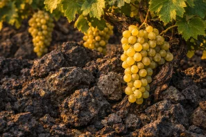 Close de videiras crescendo sobre pedras vulcânicas negras, com cachos de uvas douradas iluminados pelo entardecer, simbolizando a energia da Terra nos vinhos vulcânicos