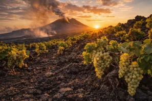 vinhedo em solo vulcânico ao entardecer, com um vulcão ao fundo soltando uma leve fumaça, iluminado pela luz dourada do pôr do sol. As videiras crescem sobre rochas negras e cinzas, carregadas de cachos de uvas que refletem a luz, criando uma atmosfera de força e encantamento. É uma cena que traduz visualmente a ideia central do artigo: a energia da Terra transformada em vinho. Vinhos Vulcânicos: A Energia da Terra em Cada Gole