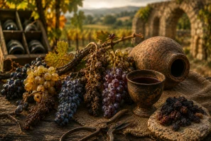 Natureza-morta inspirada na viticultura ancestral, com cachos de uvas antigas em diferentes tonalidades, algumas parcialmente ressecadas, dispostos sobre uma mesa rústica ao lado de uma taça de vinho escuro, ferramentas antigas de poda e uma ânfora envelhecida. Ao fundo, vinhedos dourados e ruínas de pedra evocam a memória de castas históricas quase desaparecidas ao longo dos séculos. Vinhos que Desapareceram da História: Castas Antigas Quase Extintas