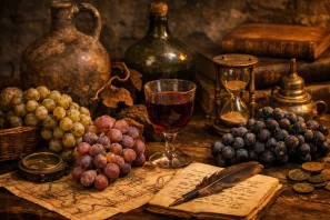 Cachos de uvas antigas sobre mesa de madeira com taça de vinho, mapa e ampulheta, simbolizando castas raras e vinhos que desapareceram da história
