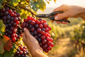  momento da colheita das uvas rubi, com mãos humanas segurando e cortando cachos maduros sob a luz dourada do entardecer. As uvas brilham em tons intensos de vermelho e púrpura, com gotas de orvalho refletindo o sol, enquanto ao fundo se estendem fileiras de vinhedos iluminados pela luz suave. É uma cena que traduz perfeitamente o tema do artigo: a criação revelada em tons de rubi, na união entre natureza e trabalho humano. 