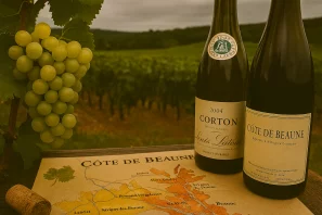 Por sobre o mapa da Côte de Beaune, garrafas de vinho e uma rolha, um vinhedo ao fundo e na lateral esquerda da imagem um cacho de uvas. Detalhando a Côte de Beaune - Borgonha e seus mistérios. Detalhando a "Côte de Beaune" - Borgonha e seus mistérios