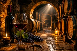 Adega subterrânea iluminada por luz dourada, com barricas de madeira alinhadas ao longo de corredores de pedra. Em primeiro plano, uma taça de vinho tinto, uma garrafa escura e cachos de uvas repousam sobre uma mesa rústica, simbolizando o envelhecimento do vinho, a tradição vinícola e o ambiente silencioso das adegas antigas.