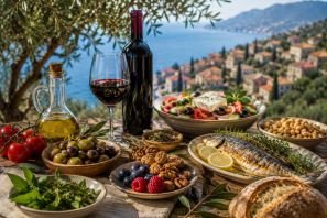 Mesa mediterrânea ao ar livre com taça e garrafa de vinho tinto, azeite de oliva, peixes grelhados, salada fresca, azeitonas, nozes, legumes e pão artesanal, diante de uma paisagem costeira com mar azul, oliveiras e vilarejo ensolarado ao fundo