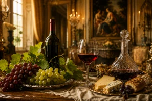 Taça de vinho tinto elegantemente posicionada sobre uma mesa refinada, iluminada por luz suave e dourada, com detalhes sofisticados ao fundo que remetem à tradição, cultura e requinte do universo do vinho. A composição transmite a ligação histórica entre o vinho, a elegância, a convivência social e a apreciação dos prazeres da vida. Por Que o Vinho Está Ligado à Elegância Há Séculos