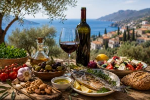 Mesa ao ar livre com taça e garrafa de vinho tinto cercadas por alimentos típicos da Dieta Mediterrânea, como azeite de oliva, peixes, tomates, nozes, azeitonas, pão artesanal e salada fresca, tendo ao fundo uma paisagem costeira banhada pelo sol do Mediterrâneo. Vinho e Dieta Mediterrânea: Mecanismos Científicos do Estilo Alimentar Mais Estudado do Mundo