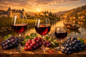 À esquerda, a taça de Pinot Noir da Borgonha, diante de um château e vinhedos alinhados. Ao centro, a taça de Chianti da Toscana, ladeada por uvas Sangiovese e ciprestes em colinas douradas. À direita, a taça de Vinho do Porto do Douro, com uvas escuras e o reflexo de um barco rabelo no rio e vinhedos em terraços.