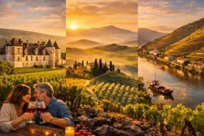 Paisagem panorâmica mostrando Borgonha, Toscana e Douro, com vinhedos, castelos e rios iluminados pelo pôr do sol, simbolizando três linhagens que moldaram o mundo do vinho