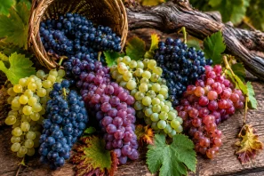 Diversos cachos de uvas patrimoniais em tons de verde, rosa, roxo e azul-escuro repousam sobre uma mesa rústica de madeira, cercados por folhas de videira e um cesto de colheita. Ao fundo, um antigo tronco de videira destaca a riqueza genética e a diversidade das castas patrimoniais preservadas ao longo dos séculos. Castas Patrimoniais: As Uvas Ancestrais que Guardam a Memória dos Vinhedos