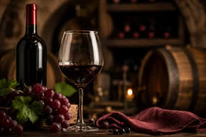 aça de vinho tinto em adega subterrânea europeia cercada por barris de madeira e cachos de uvas, representando a preservação histórica de vinhos durante períodos de guerra.