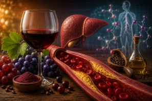 Taça de vinho tinto, uvas e representação científica do metabolismo lipídico, mostrando vasos sanguíneos, fígado e compostos bioativos associados à saúde cardiovascular e aos estudos europeus sobre vinho e colesterol.