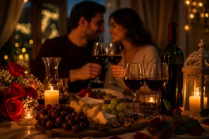 Jantar romântico à luz de velas com um casal brindando taças de vinho tinto em um ambiente acolhedor e elegante. Sobre a mesa, garrafa de vinho, tábuas de queijos, cachos de uvas, rosas vermelhas e pétalas espalhadas criam uma atmosfera de amor, cumplicidade e celebração. Luzes suaves ao fundo reforçam o clima intimista, simbolizando a conexão afetiva, a valorização dos momentos compartilhados e a beleza dos relacionamentos duradouros. Vinho, Fortalece o Casal, o Amor, a Família...