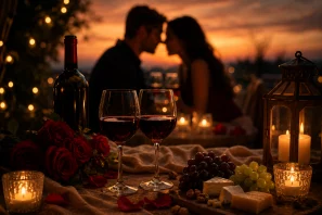 Ambiente romântico ao entardecer com duas taças de vinho tinto sobre uma mesa elegantemente decorada com rosas vermelhas, cachos de uvas, queijos finos e velas acesas. Ao fundo, um casal aparece em silhueta trocando um momento de carinho sob a luz dourada do pôr do sol, criando uma atmosfera de amor, conexão, cumplicidade e celebração da vida a dois. Vinho, Fortalece o Casal, o Amor, a Família...