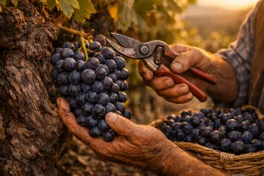 mãos de um colhedor idoso segurando um cacho de uvas maduras, quase negras, enquanto corta o talo com uma tesoura antiga. A luz dourada do entardecer envolve as vinhas retorcidas e o cesto de vime parcialmente cheio ao fundo, criando uma atmosfera de tradição, respeito e beleza artesanal.