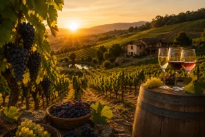 Vinhedo iluminado pelo pôr do sol com fileiras de videiras carregadas de uvas maduras, cestos de colheita, barrica de madeira e taças de vinho em primeiro plano. Ao fundo, uma propriedade vinícola cercada por colinas cultivadas representa a tradição, o trabalho e a história dos vinhateiros brasileiros. O Empenho e a História dos Vinhateiros Brasileiros: A Jornada que Transformou o Brasil em Terra de Grandes Vinhos