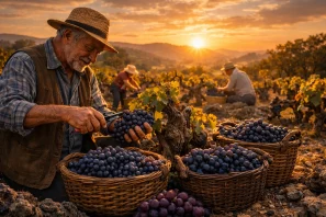Colhedor idoso recolhendo uvas em vinhedo centenário ao entardecer, com cestos de vime cheios e luz dourada do sol, simbolizando tradição e respeito pela terra. O Fascínio das Colheitas Manuais em Vinhedos Centenários