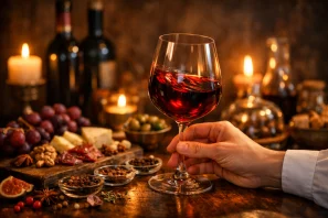 mão girando delicadamente uma taça de vinho tinto, Sobre a mesa rústica, há queijos, especiarias, frutas secas e elementos aromáticos, garrafas de vinho e velas acesas