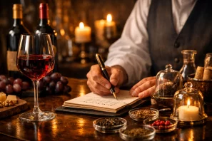 Mãos de sommelier escrevendo notas de degustação ao lado de taça de vinho e queijos, especiarias, frutas e aromas que evocam o universo olfativo do vinho, com velas acesas e garrafas. O Ritual da Degustação: O que Existe Além da Taça
