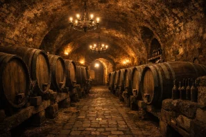 Adega antiga com barricas de madeira e arco iluminado ao fundo, simbolizando o silêncio e o envelhecimento invisível do vinho. O Silêncio das Adegas Antigas: O Universo Invisível do Envelhecimento do Vinho