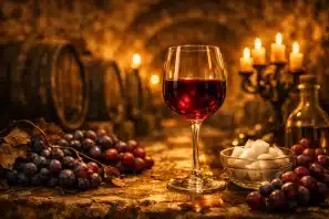 Adega subterrânea, velas , taça de vinho, uvas em um ambiente on a evolução do envelhecimento importa ...