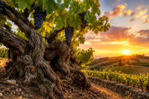 Vinhedo histórico banhado pela luz dourada do entardecer, com videiras antigas de troncos retorcidos estendendo-se por colinas suaves. A paisagem transmite a longevidade e a tradição dos vinhedos mais antigos do mundo ainda em produção, simbolizando séculos de viticultura, patrimônio cultural e conexão entre o homem e a terra. Os Vinhedos Mais Antigos do Mundo Ainda em Produção