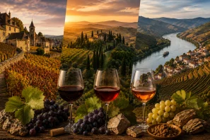 Paisagem panorâmica inspirada nas regiões históricas da Borgonha, Toscana e Douro, com vinhedos em colinas douradas, vilas antigas, arquitetura tradicional europeia e luz suave do entardecer. A imagem simboliza a herança cultural, a tradição vitivinícola e as linhagens que moldaram a história do vinho no mundo. Borgonha Toscana e Douro: Três Linhagens que Moldaram o Mundo do Vinho