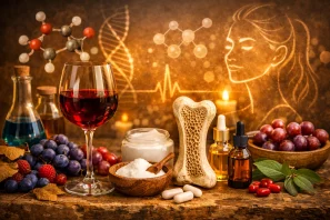  Taça de vinho tinto cercada por frutas vermelhas e uvas, representando os polifenóis naturais. Ao lado, frascos de sérum e creme facial, simbolizando os cuidados com a pele e os efeitos antioxidantes. Ao fundo, estruturas moleculares e uma silhueta feminina translúcida, sugerindo os mecanismos de regeneração e luminosidade cutânea. 