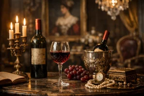 Taça de vinho rubi em mesa elegante com velas, pérolas e objetos clássicos, evocando a ligação do vinho com a elegância ao longo dos séculos.