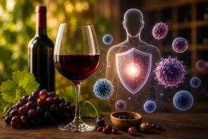 Taça de vinho tinto, garrafa e cachos de uvas em ambiente acolhedor, acompanhados por ilustração conceitual do sistema imunológico com células de defesa e escudo luminoso. A imagem simboliza a relação entre vinho, polifenóis, antioxidantes naturais, microbiota intestinal e fortalecimento das funções imunológicas estudadas pela ciência moderna. Vinho e Sistema Imunológico: Evidências Científicas Pouco Conhecidas