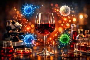 taça de vinho tinto ao centro, cercada por ícones artísticos de células imunes — como linfócitos, anticorpos e vírus estilizados — flutuando em luzes azuis e vermelhas. O contraste entre o vinho e os elementos científicos cria uma atmosfera de harmonia entre prazer e proteção, representando o elo simbólico entre o vinho e o sistema imunológico.