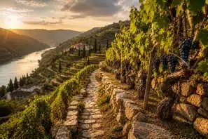 Vinhedos em terraços históricos iluminados pela luz dourada do entardecer, com videiras carregadas de uvas maduras ao lado de um caminho de pedras que serpenteia pelas encostas. Ao fundo, um rio reflete o pôr do sol entre colinas cobertas por vinhas e construções tradicionais, representando a beleza dos terroirs históricos.
