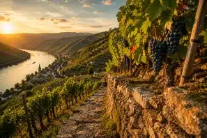 "Vinhedos em terraços de pedra iluminados pelo pôr do sol, com cachos de uvas maduras em primeiro plano e um caminho histórico descendo pelas encostas. Ao fundo, um rio sinuoso atravessa o vale ao lado de uma pequena vila cercada por colinas cultivadas, representando a riqueza dos terroirs históricos europeus.