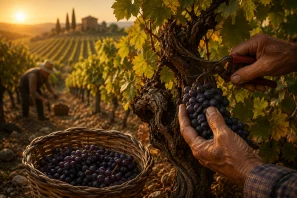 Mãos experientes realizando a colheita manual de uvas maduras em um vinhedo centenário ao pôr do sol, com tesoura de poda, cesto de vime repleto de frutos e antigas videiras ao fundo, representando tradição, cuidado artesanal e a herança da viticultura histórica.