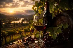 Taça de vinho tinto entre videiras ao pôr do sol, cercada por cachos de uvas maduras e barril de madeira, em uma paisagem que celebra a harmonia entre a natureza e a arte da viticultura.