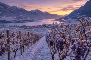 Vinhedo nevado com uvas congeladas durante o inverno em região montanhosa europeia, ilustrando a produção de vinhos sob neve, Icewine e a viticultura de clima frio em países como Canadá, Áustria e Alemanha. Vinhos Produzidos Sob Neve: As Regiões Mais Frias do Mundo do Vinho