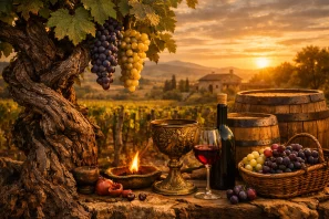 Vinha velha com tronco retorcido e uvas maduras em primeiro plano, ao lado de barris e taça de vinho, com vinhedos iluminados pelo pôr do sol ao fundo. Vinhas Velhas: Os Tesouros Vivos que Guardam a Memória do Vinho